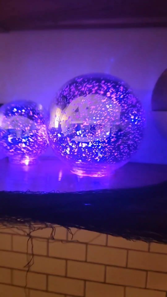 Light up. Mercury Glass Globes with purple mini lights add a fun Halloween touch to my shelfie game!

#lights 
#halloweenlights 
#halloweendecor 
#halloween🎃 
#purple 
#shelfies 
#easy